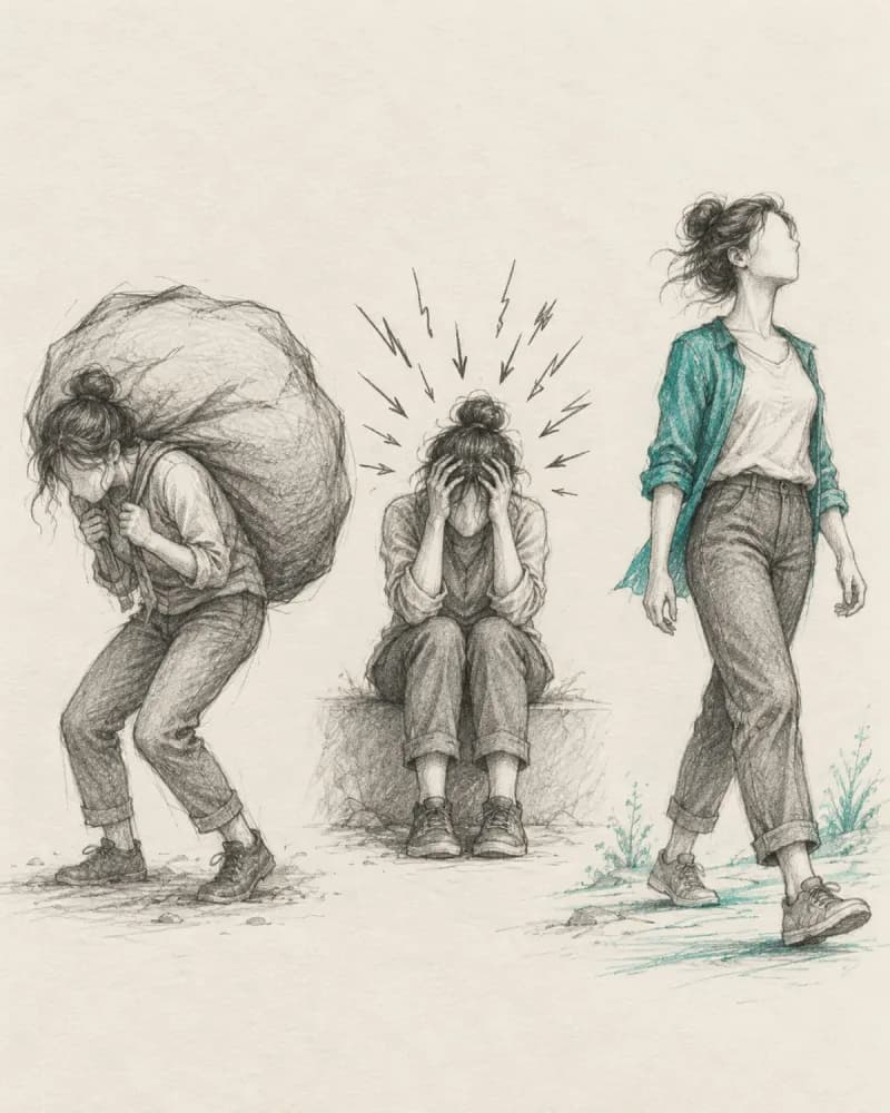 Trois versions d'une silhouette montrent le poids de la culpabilité, l'autocritique et une posture responsable apaisée.