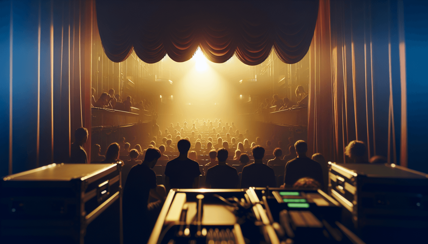 Coulisses de scene avant le lever de rideau, lumiere chaude filtree