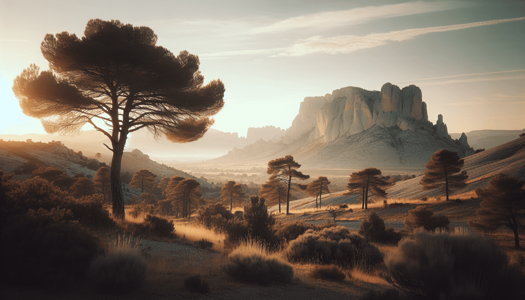 Lumiere d'aube sur une colline de Provence, ambiance contemplative