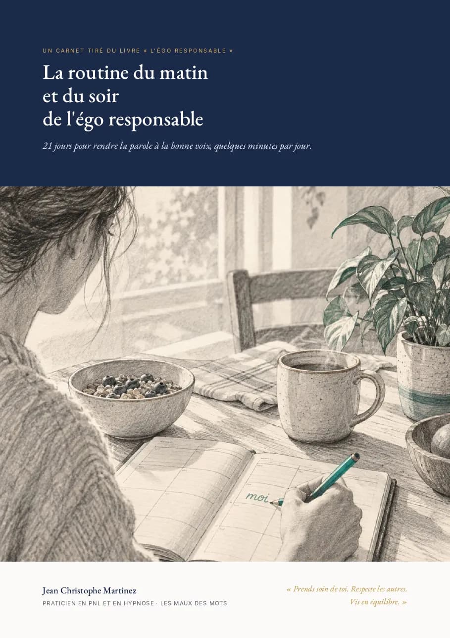Couverture du carnet : une personne écrit « moi » dans un carnet, au petit déjeuner.