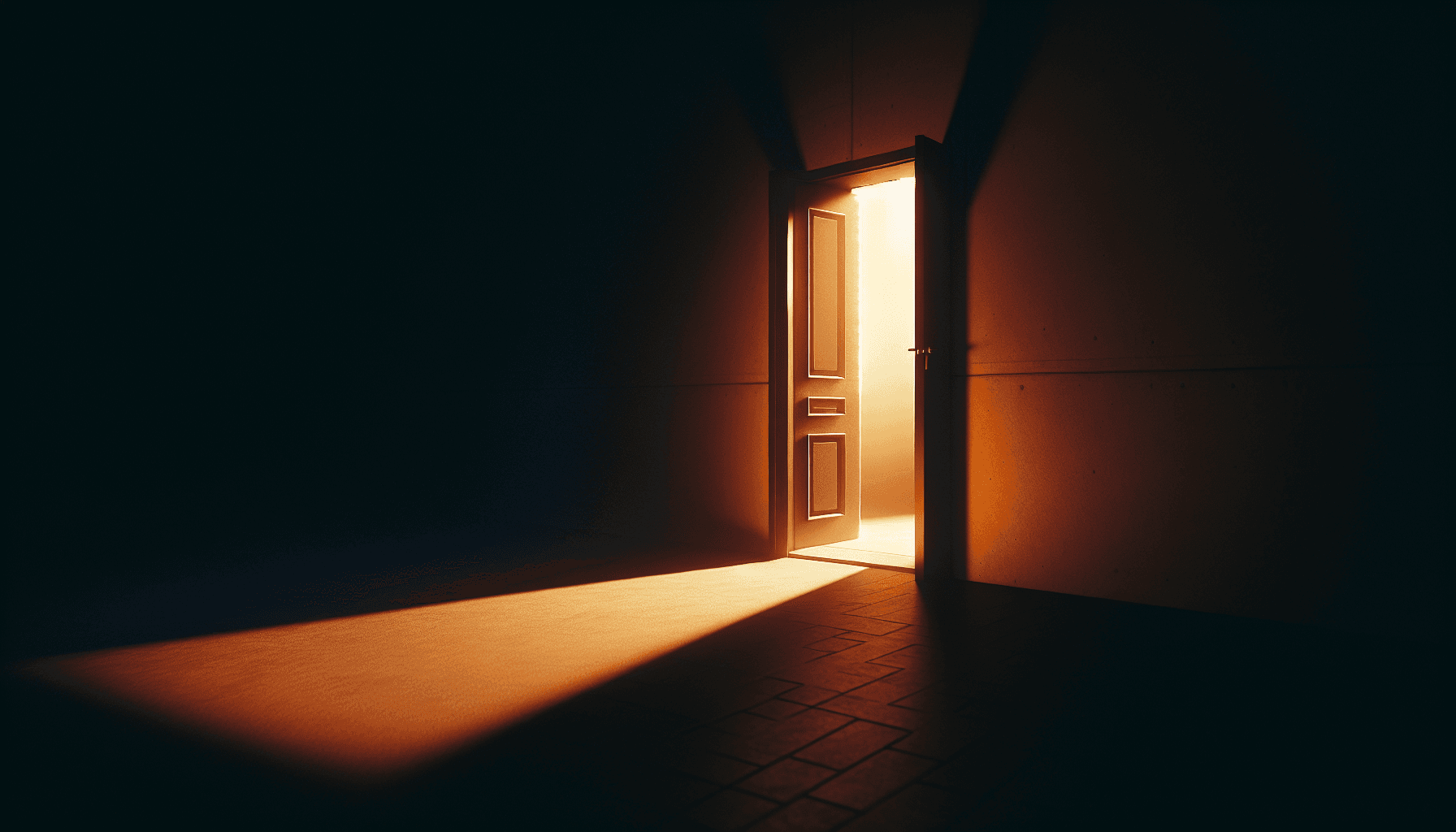 Porte entrouverte laissant passer une lumiere chaude, ambiance d'ouverture