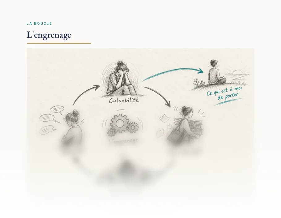 Haut de la page « L'engrenage » du carnet, le dessin de la boucle, la suite est floutée.