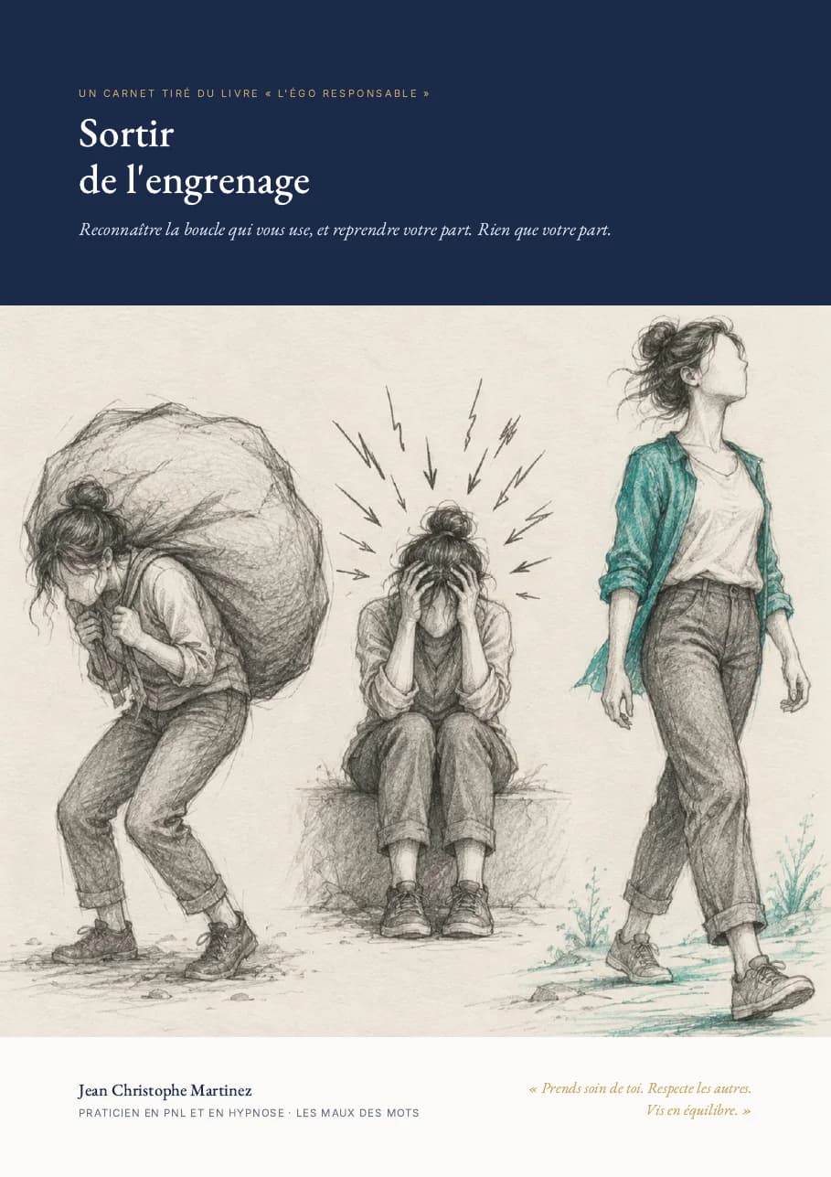 Couverture du carnet : trois silhouettes au crayon, l'une porte un rocher, l'autre se tient la tête, la troisième marche.